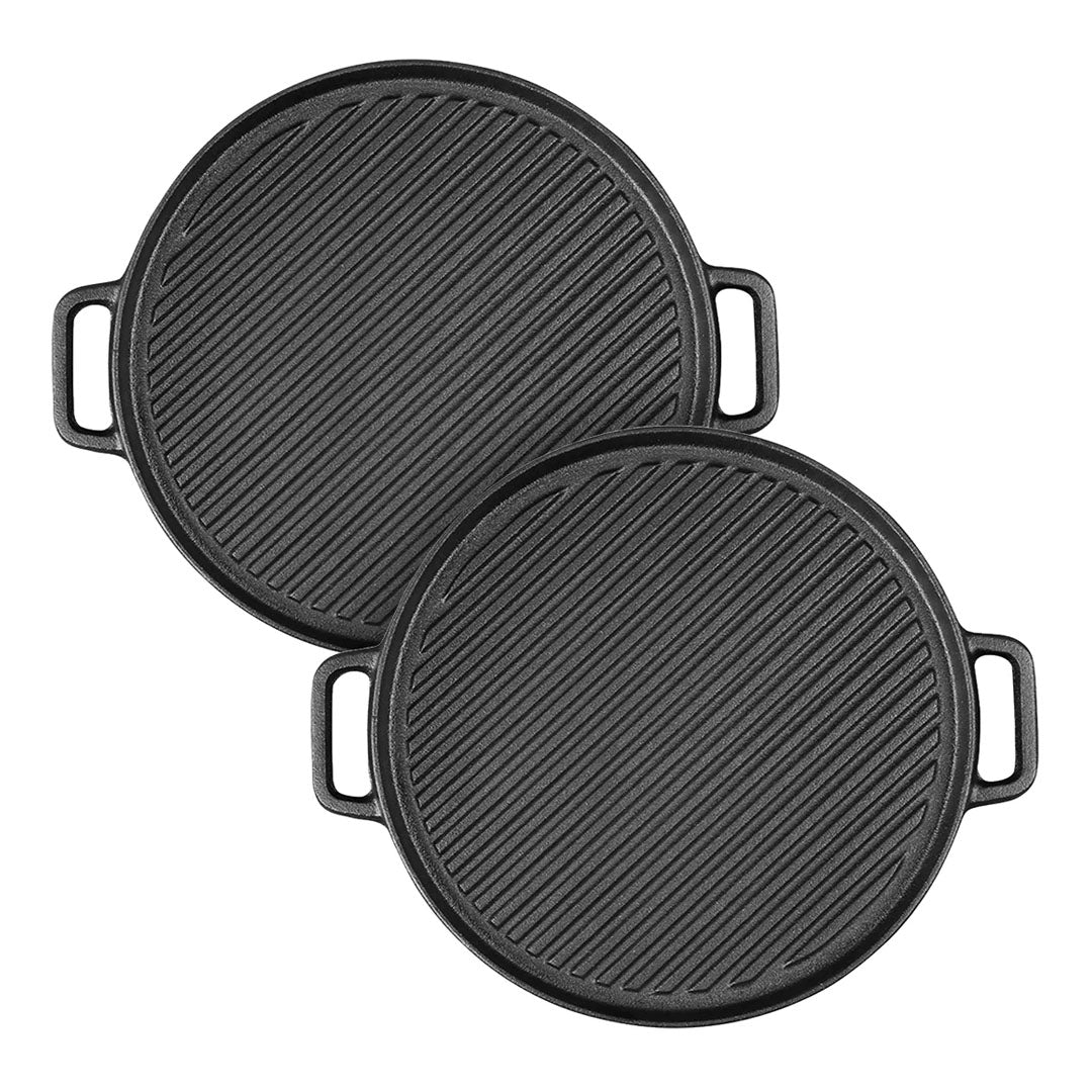 SOGA 2X 30cm Round Cast Iron Ribbed BBQ Pan Skillet Steak Sizzle Platter with Handle - Cafe Supply