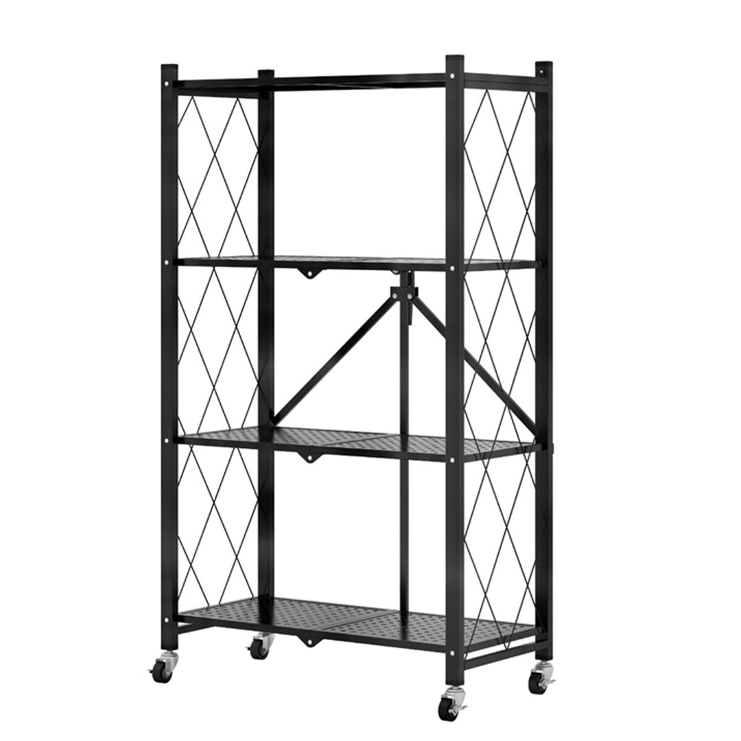 SOGA 4 Tier Steel Black Foldable Kitchen Cart Multi-Functional Shelves Portable Storage Organizer with Wheels - Cafe Supply