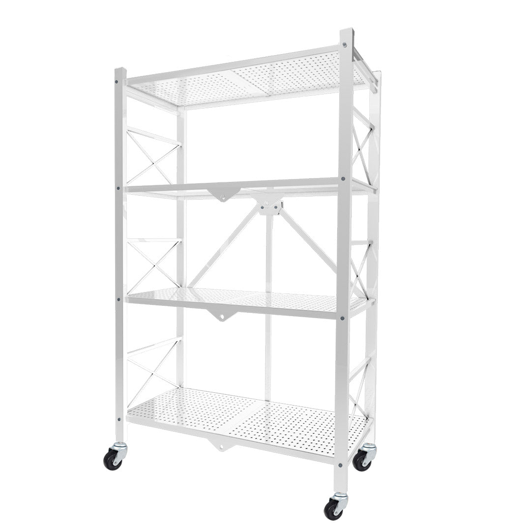 SOGA 4 Tier Steel White Foldable Display Stand Multi-Functional Shelves Portable Storage Organizer with Wheels - Cafe Supply