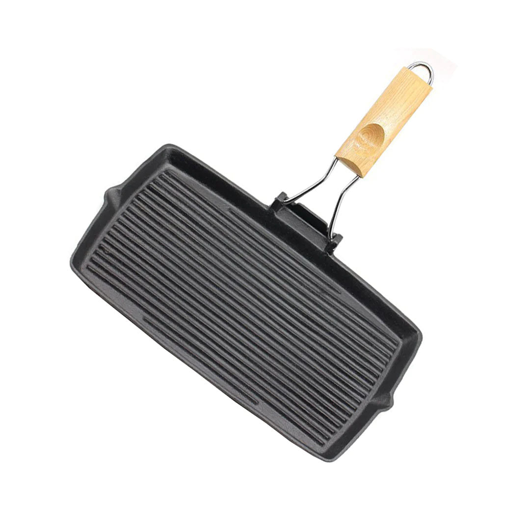 SOGA 20.5cm Rectangular Cast Iron Griddle Grill Frying Pan with Folding Wooden Handle - Cafe Supply