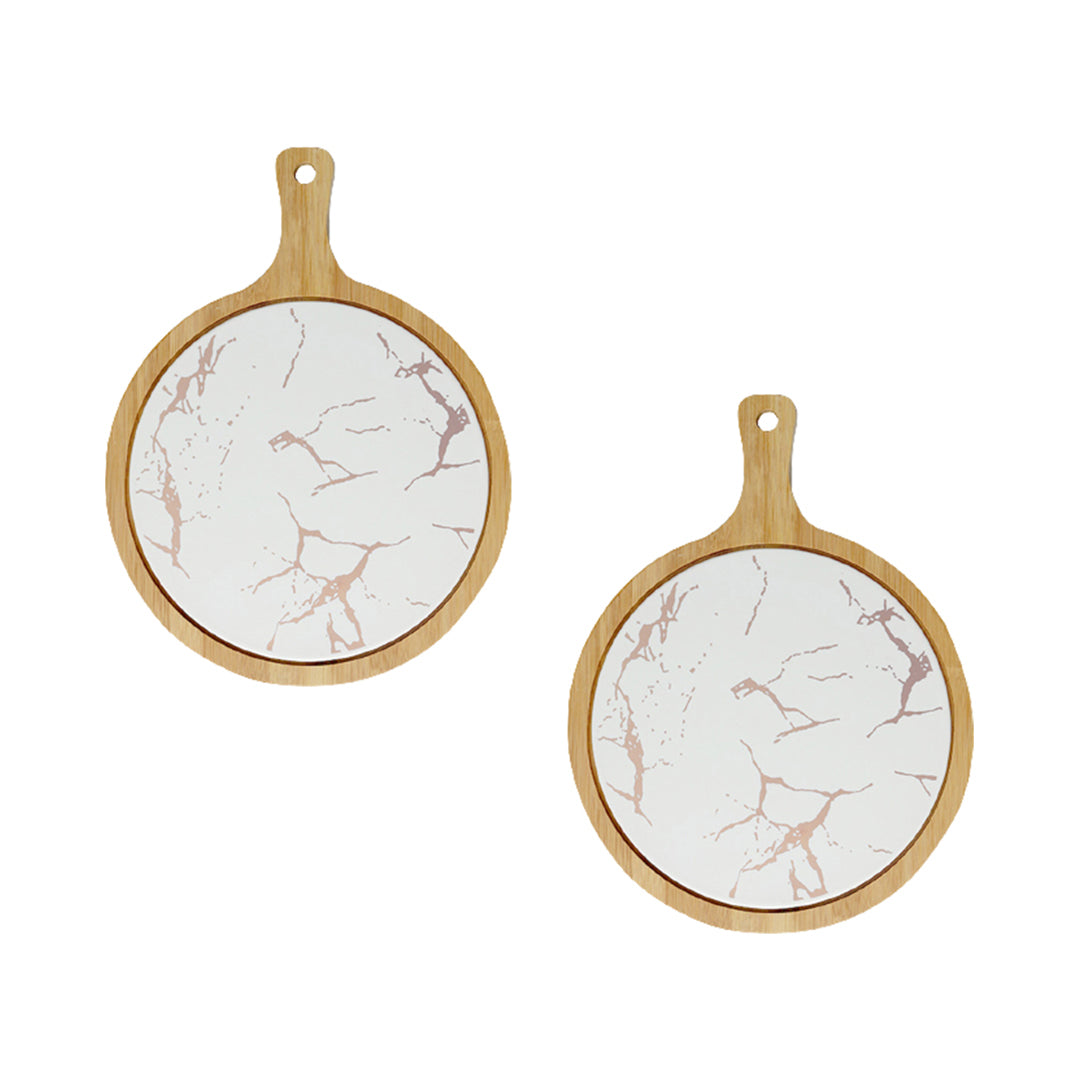 SOGA 2X 30cm White Circle Wooden Serving Tray Slate Steak Serving Platter Chopping Board Paddle Home Decor - Cafe Supply