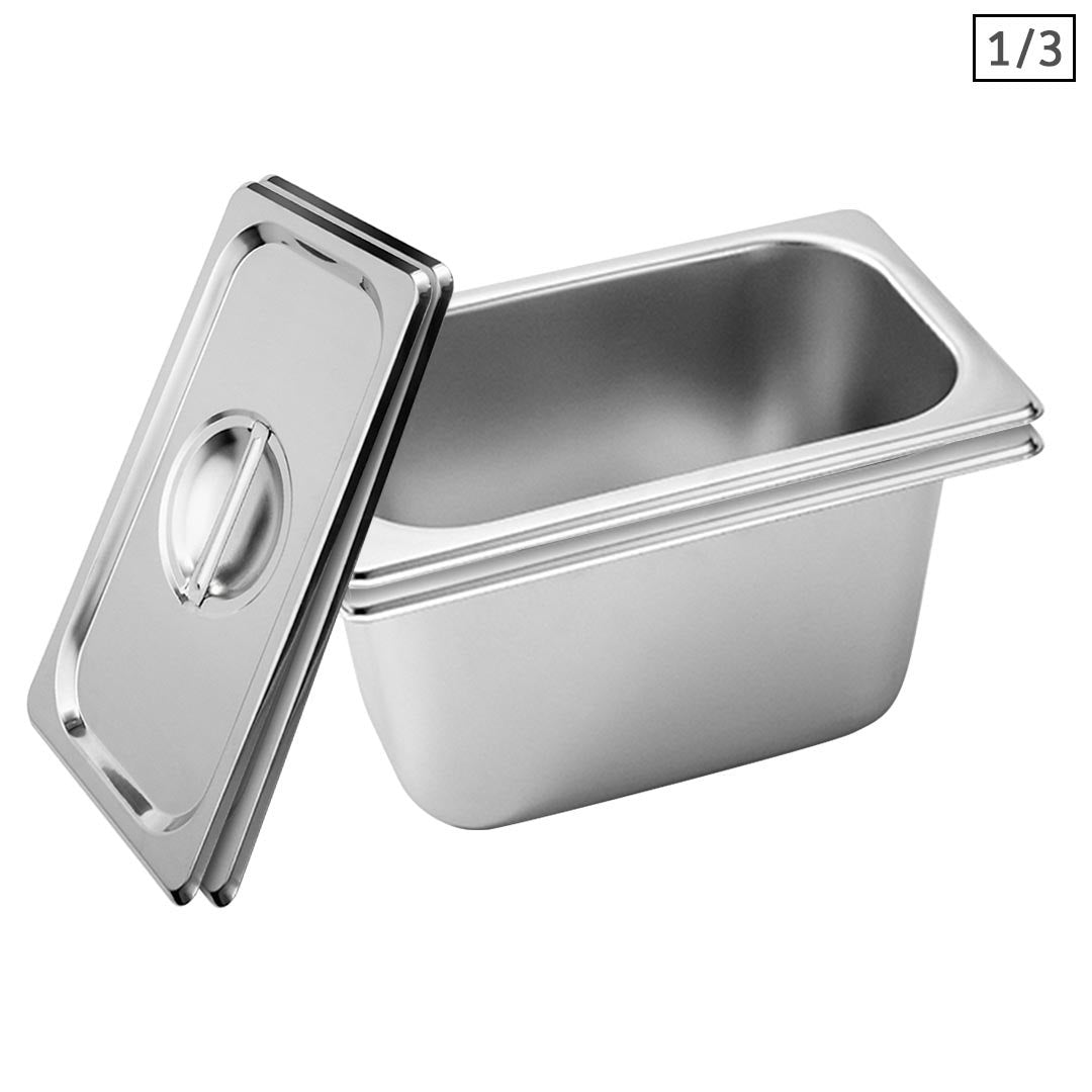 SOGA 2X Gastronorm GN Pan Full Size 1/3 GN Pan 15cm Deep Stainless Steel Tray With Lid - Cafe Supply