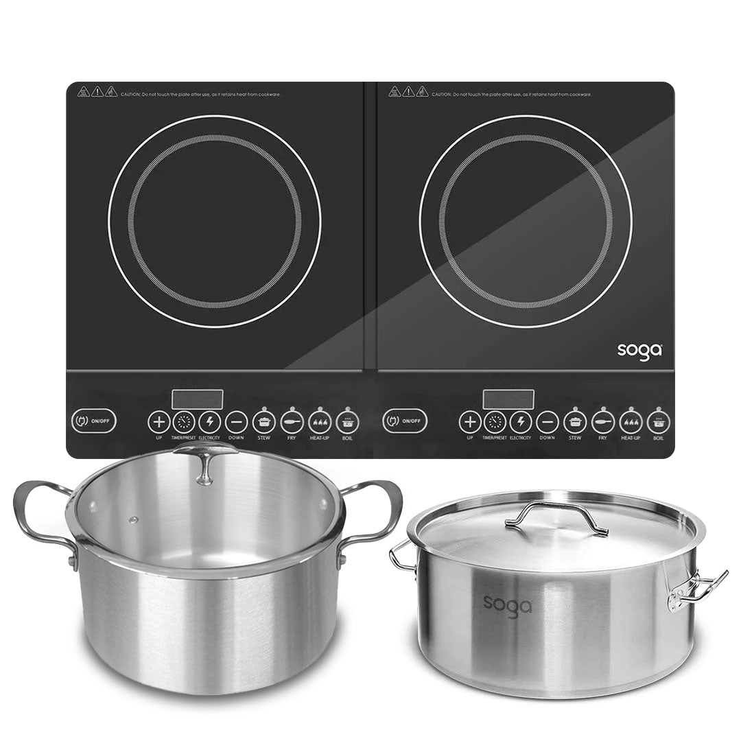 SOGA Dual Burners Cooktop Stove, 14L Stainless Steel Stockpot and 28cm Induction Casserole - Cafe Supply