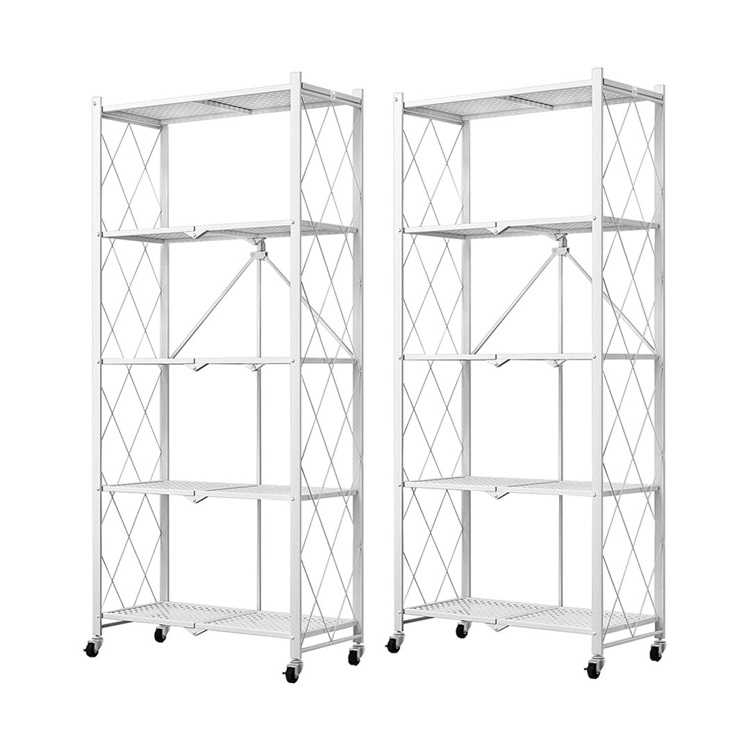 SOGA 2X 5 Tier Steel White Foldable Kitchen Cart Multi-Functional Shelves Portable Storage Organizer with Wheels - Cafe Supply