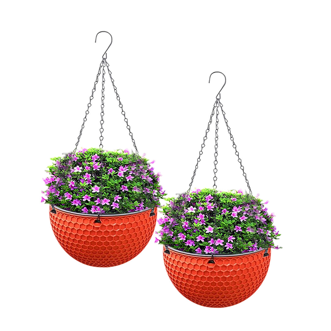 SOGA 2X Red Medium Hanging Resin Flower Pot Self Watering Basket Planter Outdoor Garden Decor - Cafe Supply