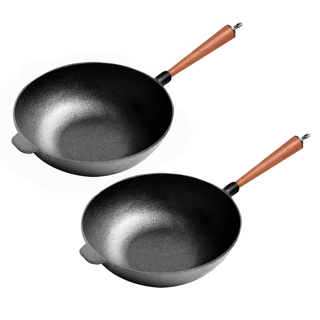 SOGA 2X 31cm Commercial Cast Iron Wok Round Bottom FryPan Home Cooking Skillet - Cafe Supply