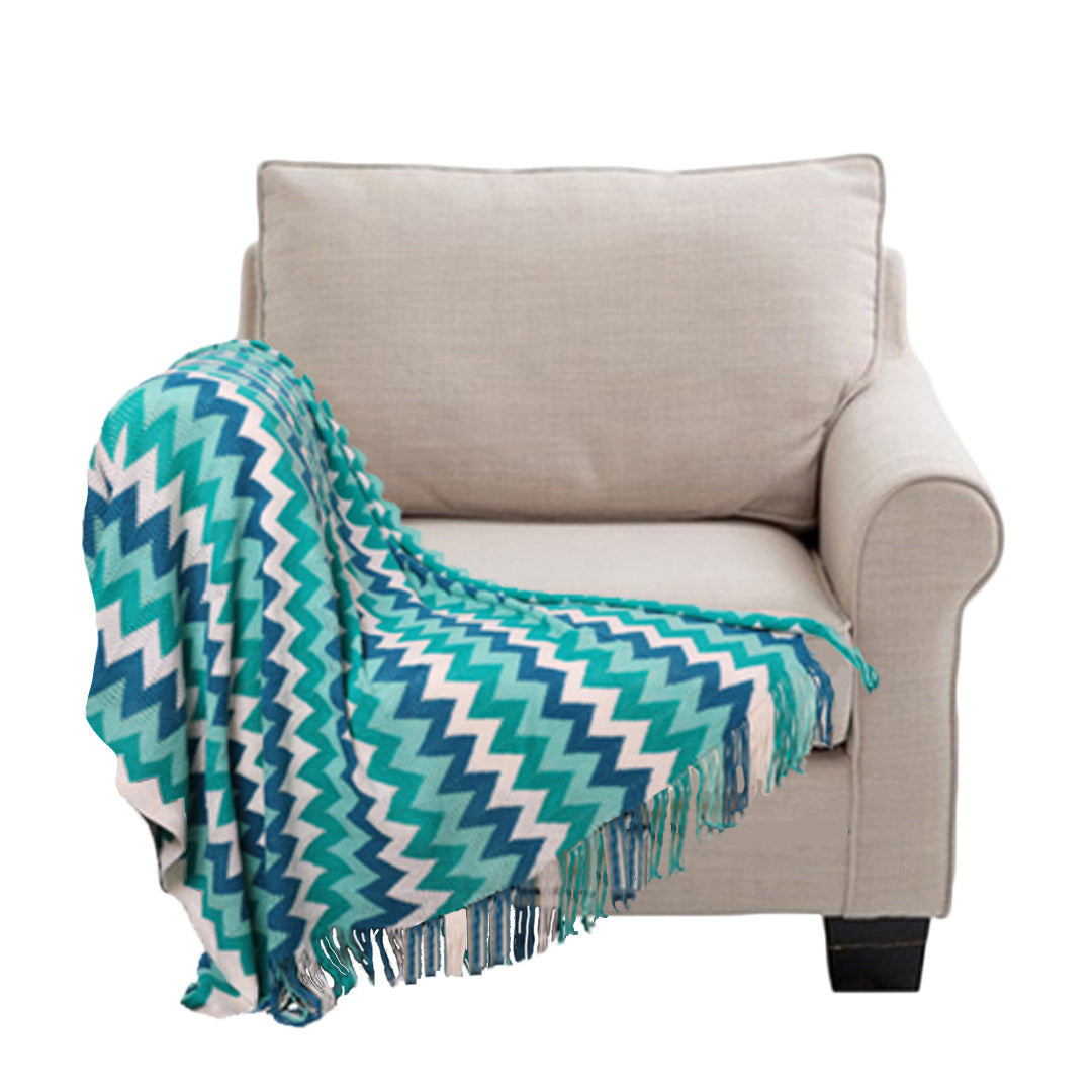 SOGA 170cm Blue Zigzag Striped Throw Blanket Acrylic Wave Knitted Fringed Woven Cover Couch Bed Sofa Home Decor - Cafe Supply