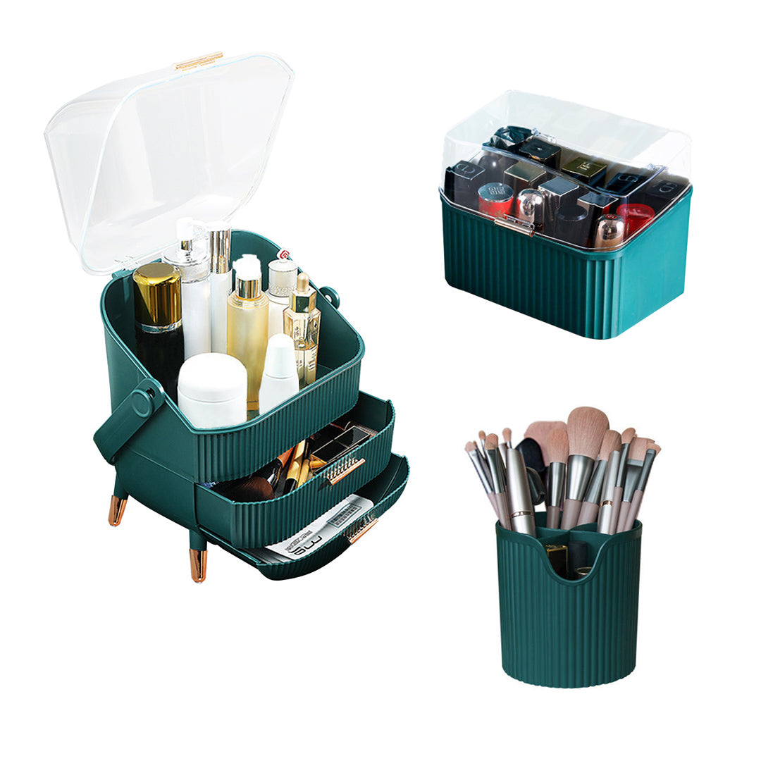 SOGA Green Cosmetic Jewelry Storage Organiser Set Makeup Brush Lipstick Skincare Holder Jewelry Storage Box with Handle - Cafe Supply