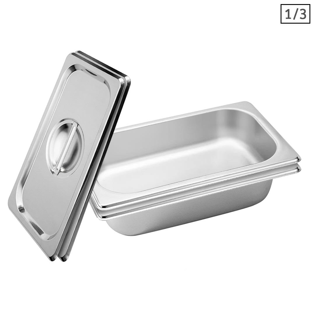 SOGA 2X Gastronorm GN Pan Full Size 1/3 GN Pan 6.5 cm Deep Stainless Steel Tray With Lid - Cafe Supply