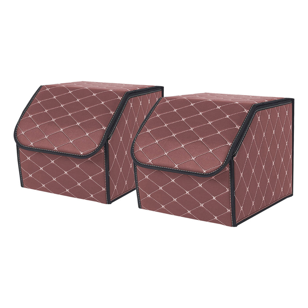 SOGA 2X Leather Car Boot Collapsible Foldable Trunk Cargo Organizer Portable Storage Box Coffee/Gold Stitch Small - Cafe Supply