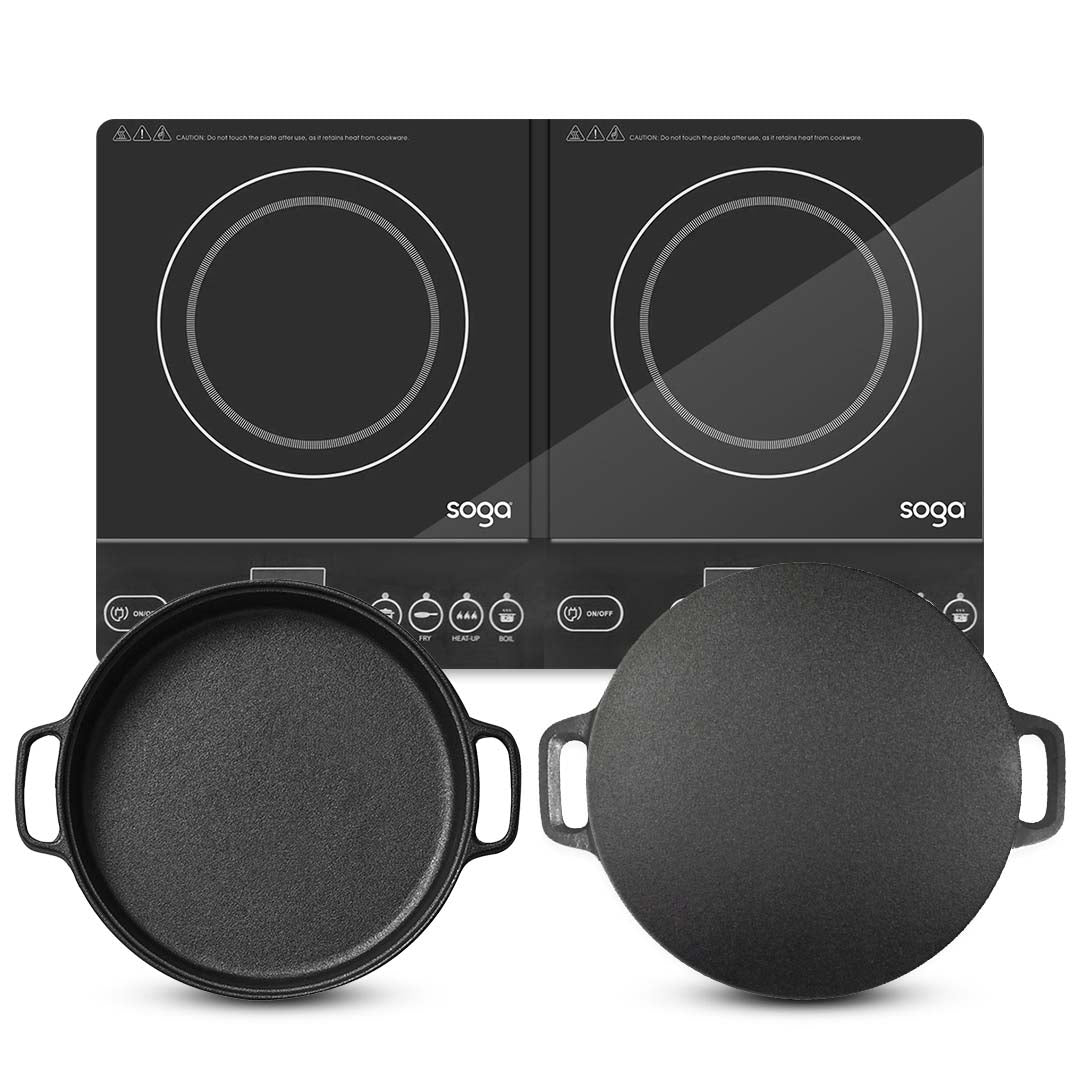 SOGA Dual Burners Cooktop Stove 30cm Cast Iron Skillet and 34cm Induction Crepe Pan Cookware - Cafe Supply