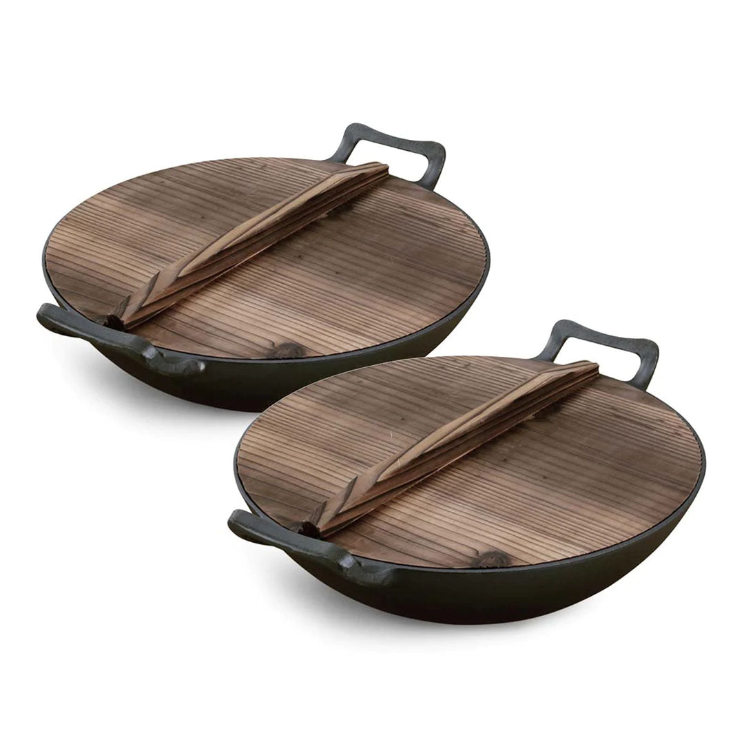 SOGA 2X 36CM Commercial Cast Iron Wok FryPan with Wooden Lid Fry Pan - Cafe Supply