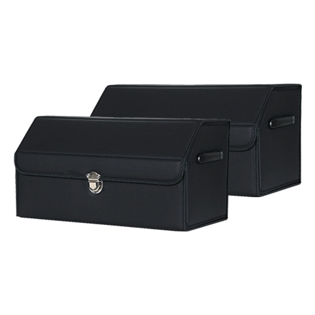 SOGA 2X Leather Car Boot Collapsible Foldable Trunk Cargo Organizer Portable Storage Box With Lock Black Medium - Cafe Supply