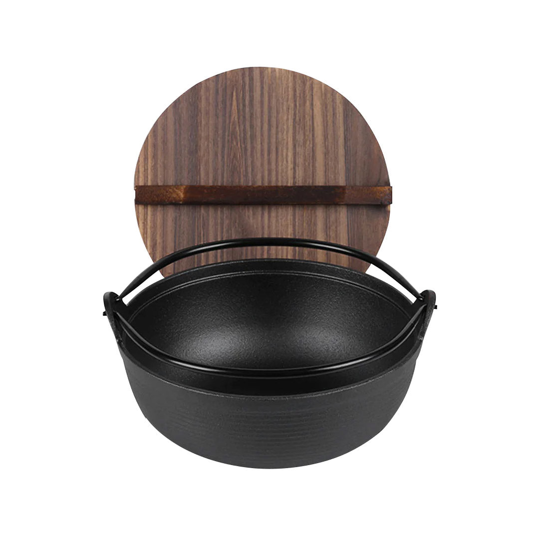 SOGA 29cm Cast Iron Japanese Style Sukiyaki Tetsu Nabe Shabu Hot Pot with Wooden Lid - Cafe Supply