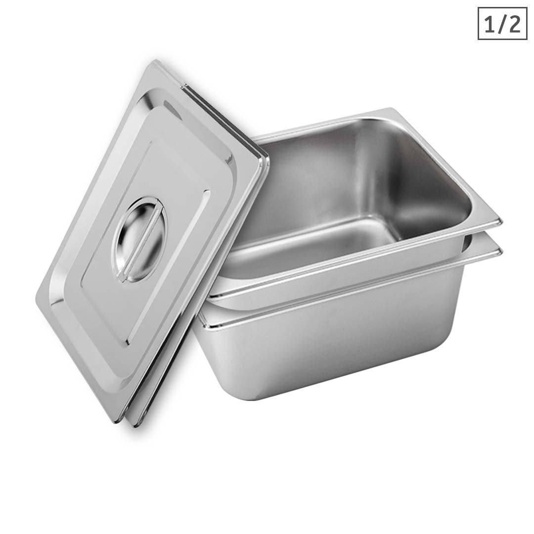 SOGA 2X Gastronorm GN Pan Full Size 1/2 GN Pan 15cm Deep Stainless Steel With Lid - Cafe Supply