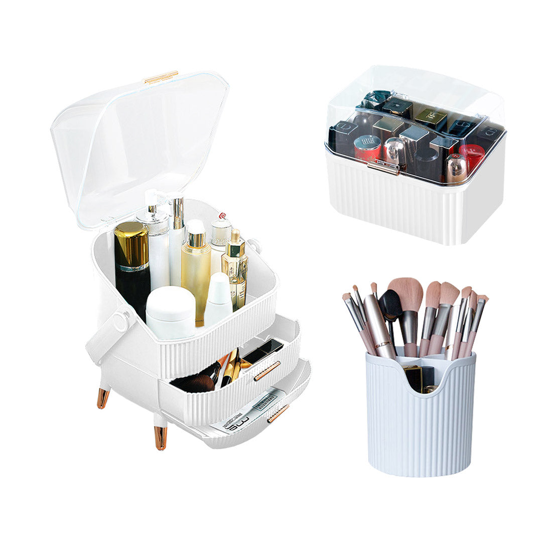 SOGA White Cosmetic Jewelry Storage Organiser Set Makeup Brush Lipstick Skincare Holder Jewelry Storage Box with Handle - Cafe Supply