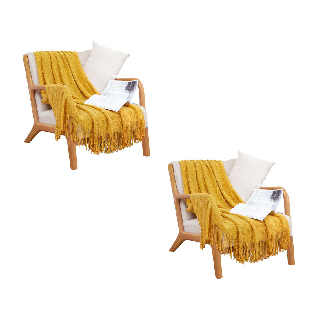 SOGA 2X Yellow Diamond Pattern Knitted Throw Blanket Warm Cozy Woven Cover Couch Bed Sofa Home Decor with Tassels - Cafe Supply
