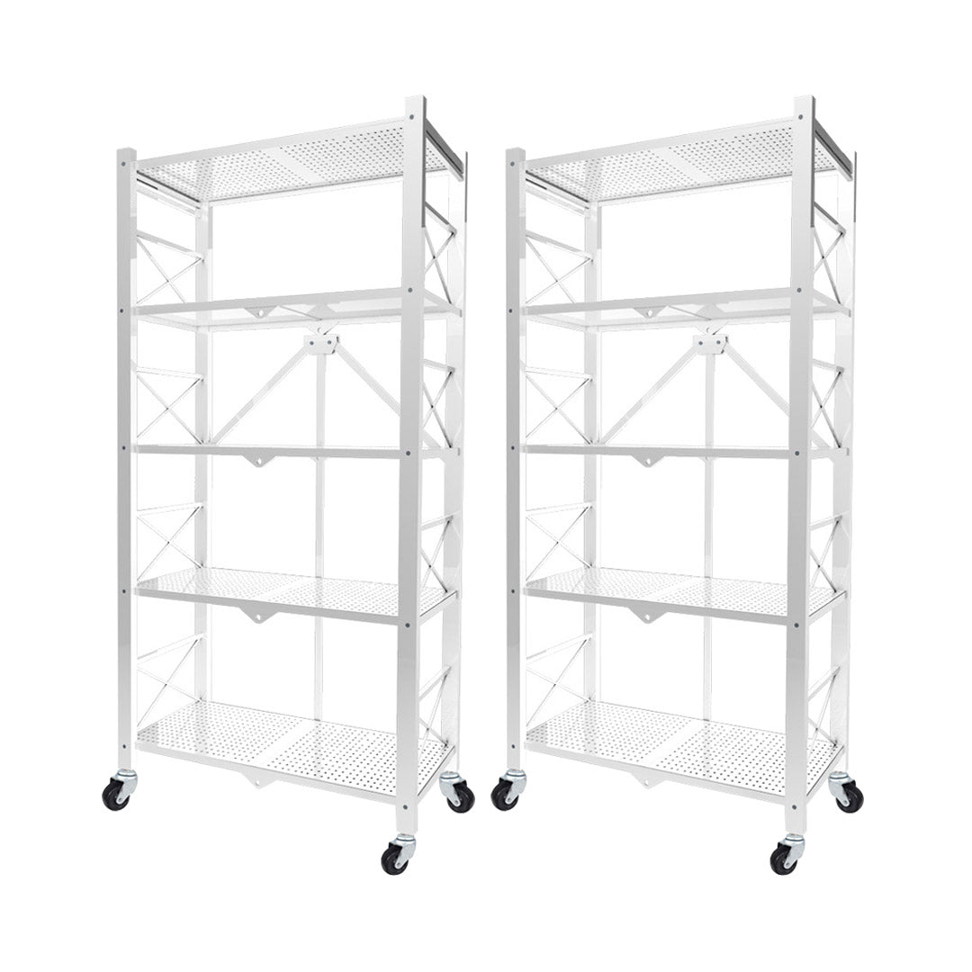 SOGA 2X 5 Tier Steel White Foldable Display Stand Multi-Functional Shelves Portable Storage Organizer with Wheels - Cafe Supply
