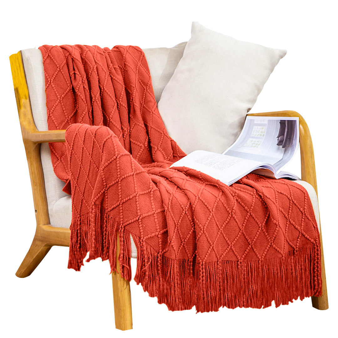 SOGA Red Diamond Pattern Knitted Throw Blanket Warm Cozy Woven Cover Couch Bed Sofa Home Decor with Tassels - Cafe Supply