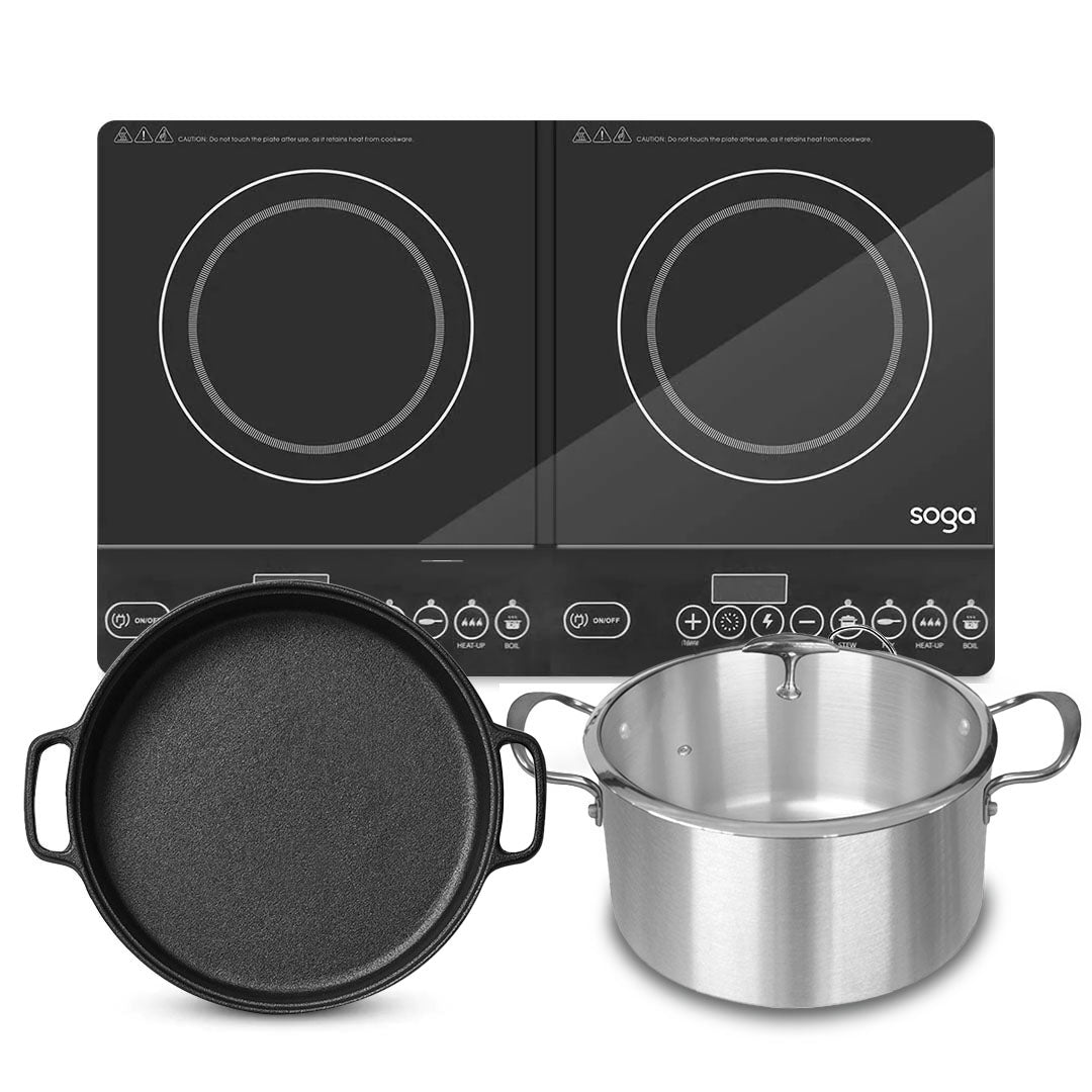 SOGA Dual Burners Cooktop Stove, 30cm Cast Iron Frying Pan Skillet and 28cm Induction Casserole - Cafe Supply