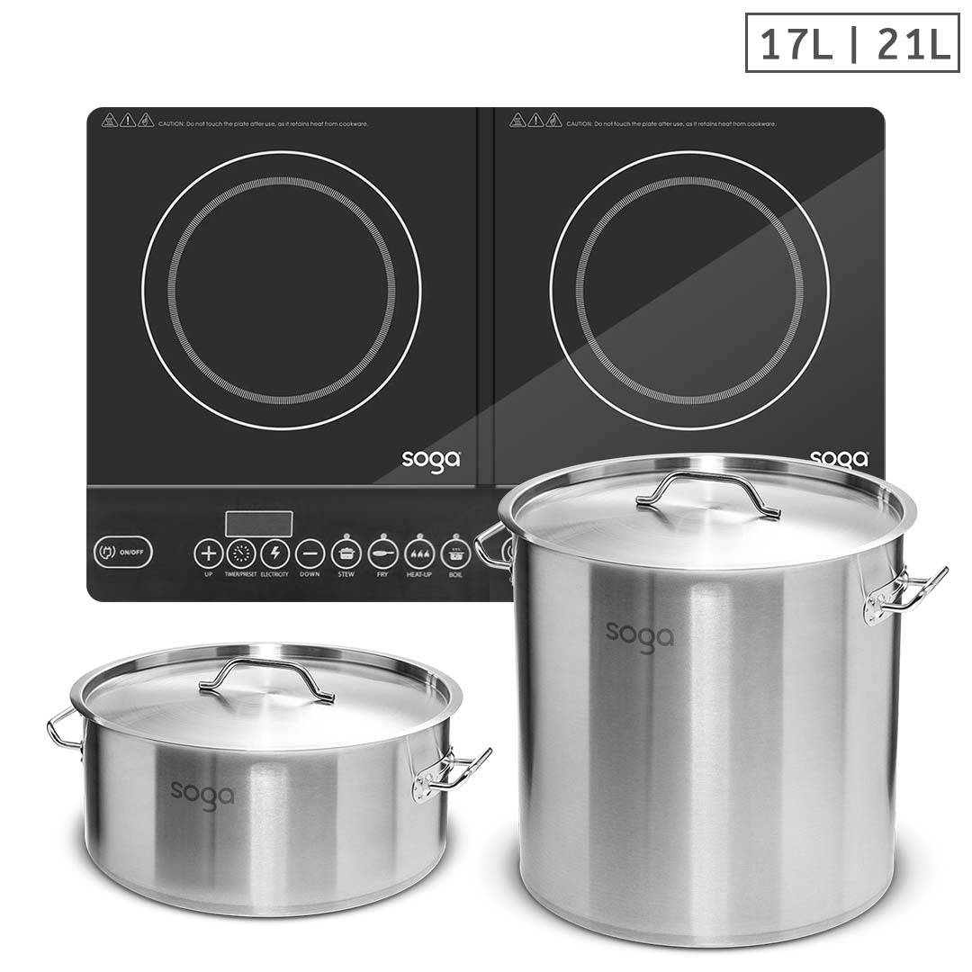 SOGA Dual Burners Cooktop Stove, 21L and 17L Stainless Steel Stockpot Top Grade Stock Pot - Cafe Supply