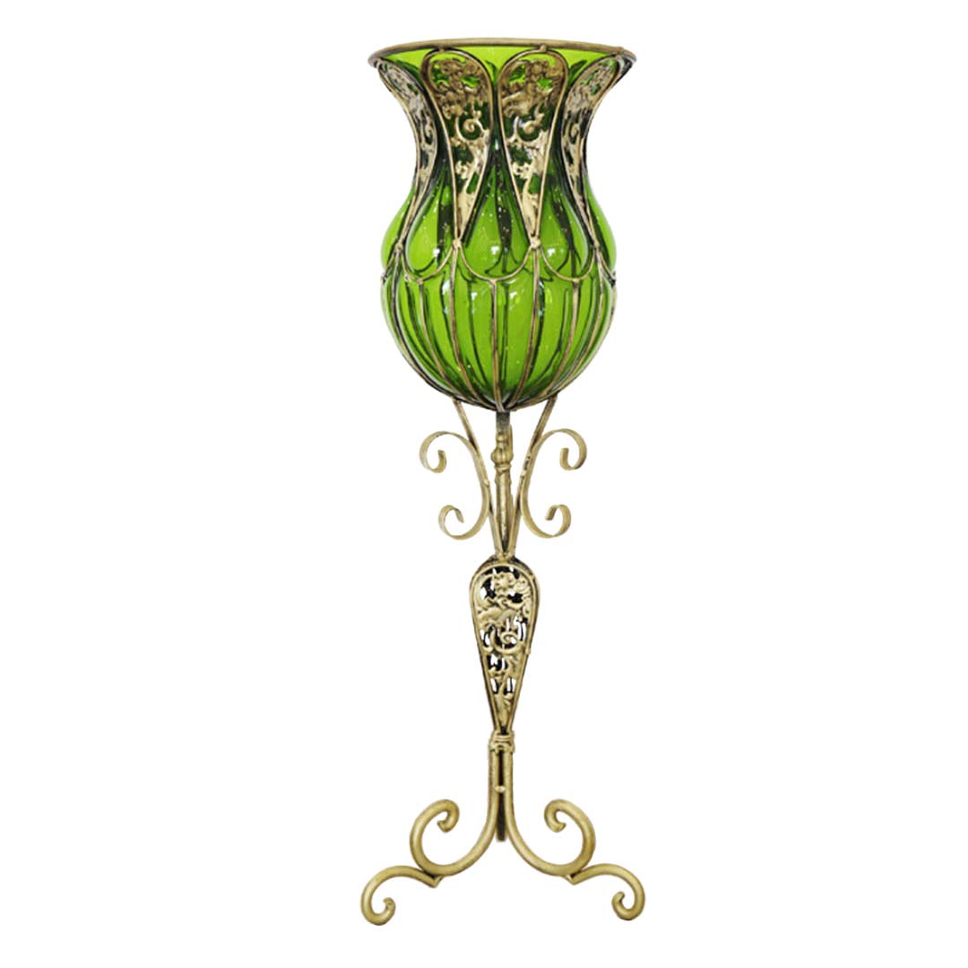 SOGA 85cm Green Glass Floor Vase with Tall Metal Flower Stand - Cafe Supply