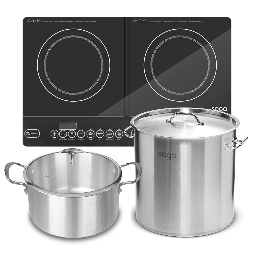SOGA Dual Burners Cooktop Stove, 21L Stainless Steel Stockpot 30cm and 30cm Induction Casserole - Cafe Supply