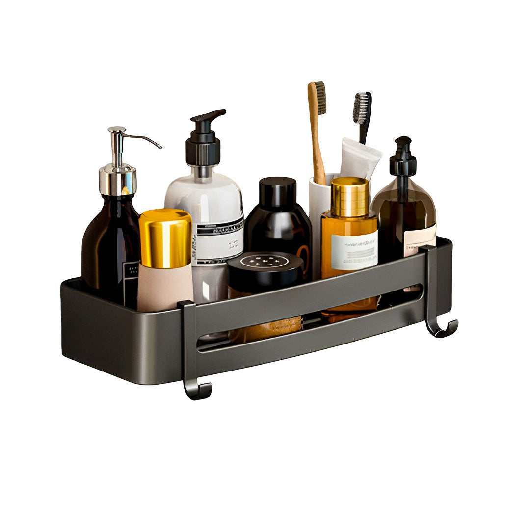 SOGA Black Wall-Mounted Rectangular Bathroom Storage Organiser Space Saving Adhesive Shelf Rack with Hooks - Cafe Supply