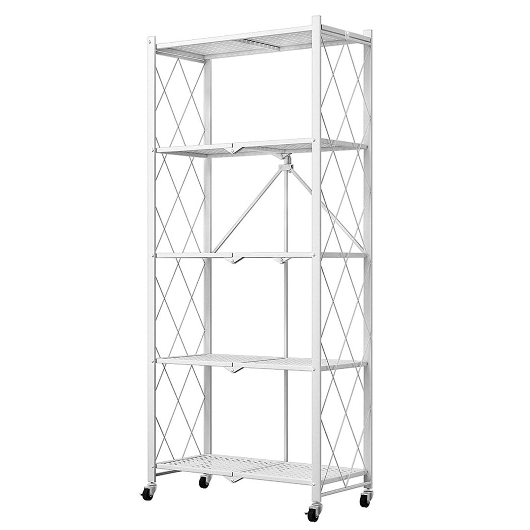 SOGA 5 Tier Steel White Foldable Kitchen Cart Multi-Functional Shelves Portable Storage Organizer with Wheels - Cafe Supply