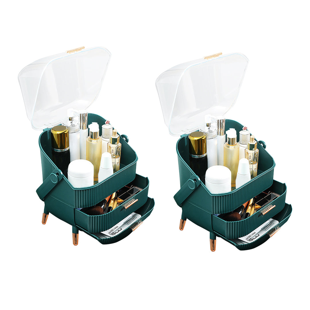 SOGA 2X 29cm Green Countertop Makeup Cosmetic Storage Organiser Skincare Holder Jewelry Storage Box with Handle - Cafe Supply