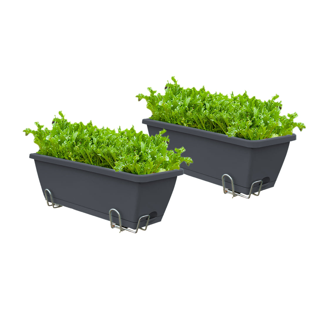 SOGA 49.5cm Black Rectangular Planter Vegetable Herb Flower Outdoor Plastic Box with Holder Balcony Garden Decor Set of 2 - Cafe Supply