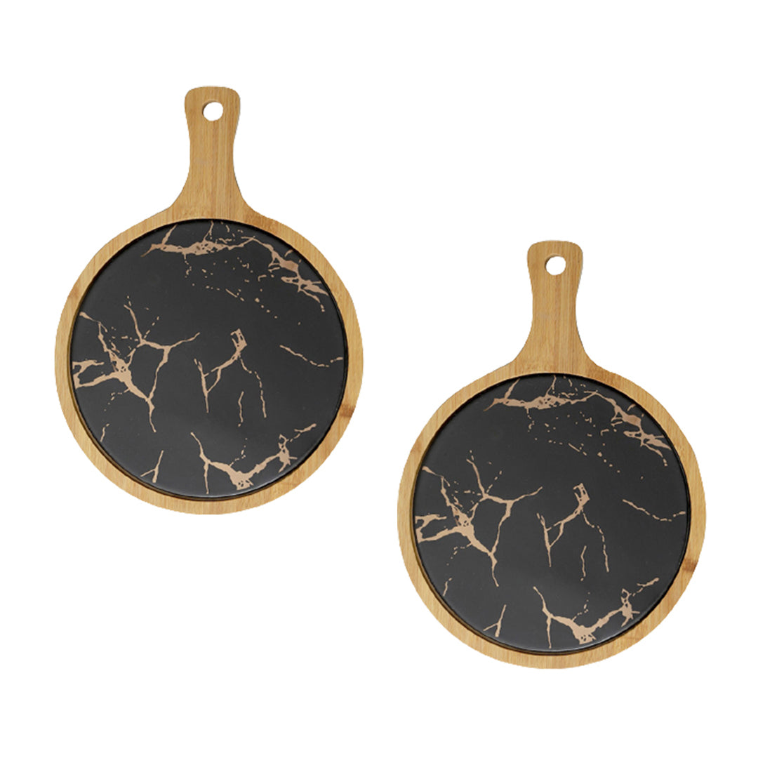 SOGA 2X 30cm Black Circle Wooden Serving Tray Slate Steak Serving Platter Chopping Board Paddle Home Decor - Cafe Supply