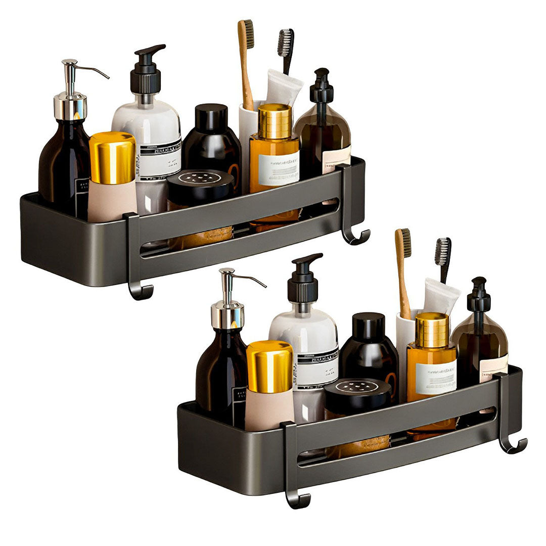 SOGA 2X Black Wall-Mounted Rectangular Bathroom Storage Organiser Space Saving Adhesive Shelf Rack with Hooks - Cafe Supply