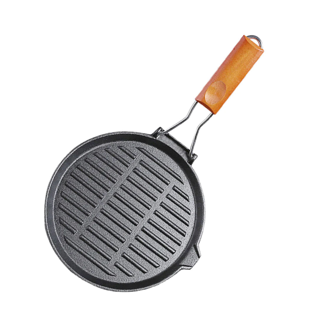 SOGA 24cm Round Ribbed Cast Iron Steak Frying Grill Skillet Pan with Folding Wooden Handle - Cafe Supply