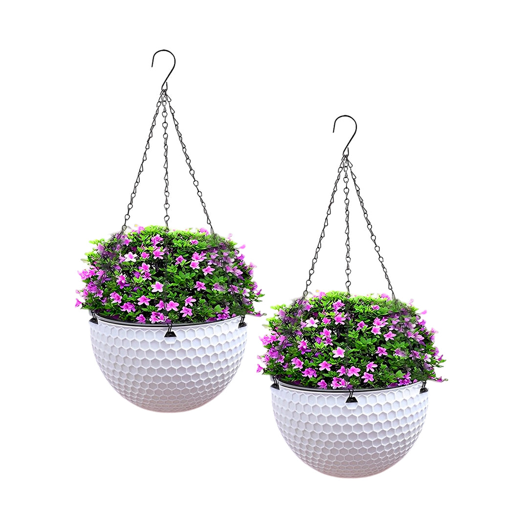 SOGA 2X White Small Hanging Resin Flower Pot Self Watering Basket Planter Outdoor Garden Decor - Cafe Supply