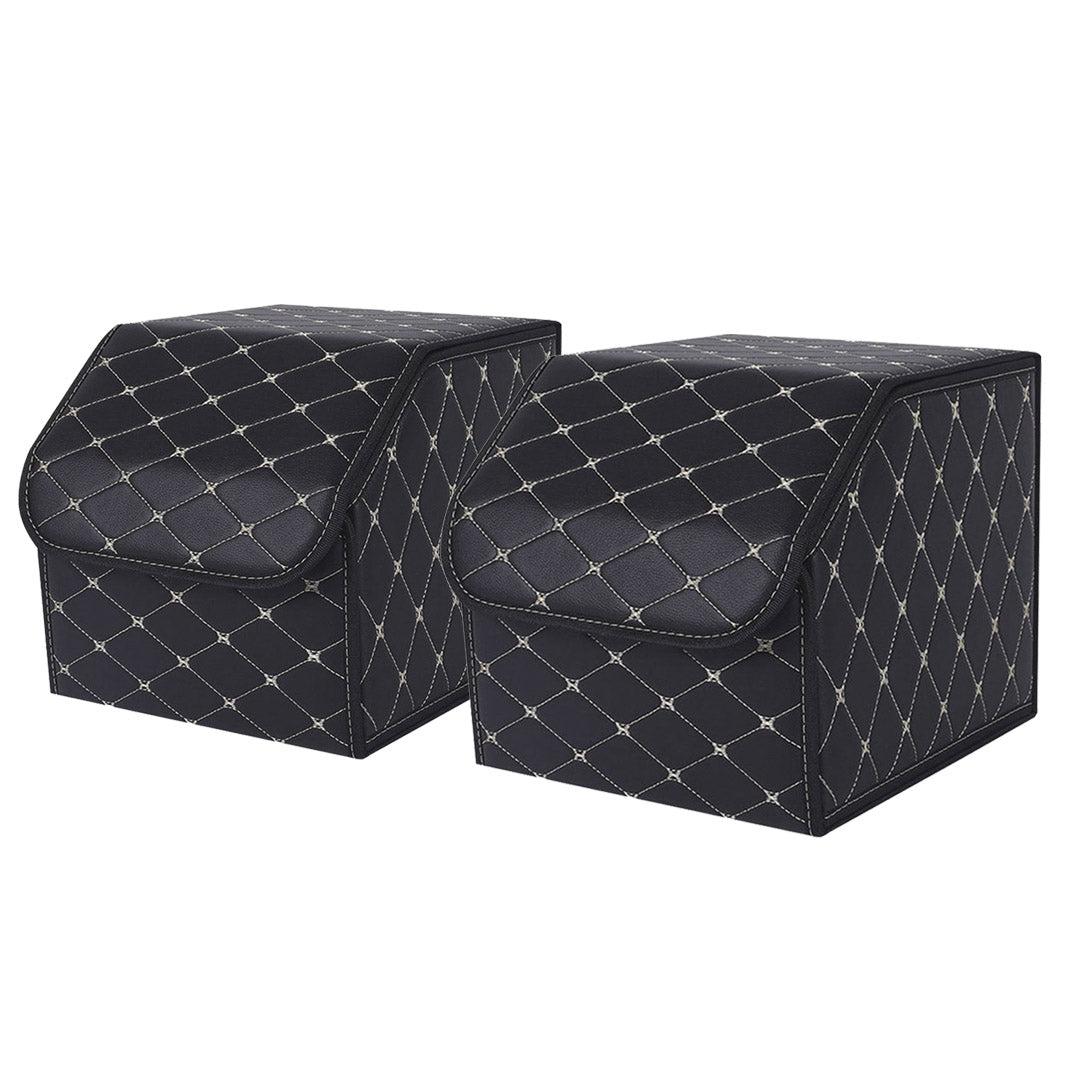 SOGA 2X Leather Car Boot Collapsible Foldable Trunk Cargo Organizer Portable Storage Box Black/Gold Stitch Small - Cafe Supply