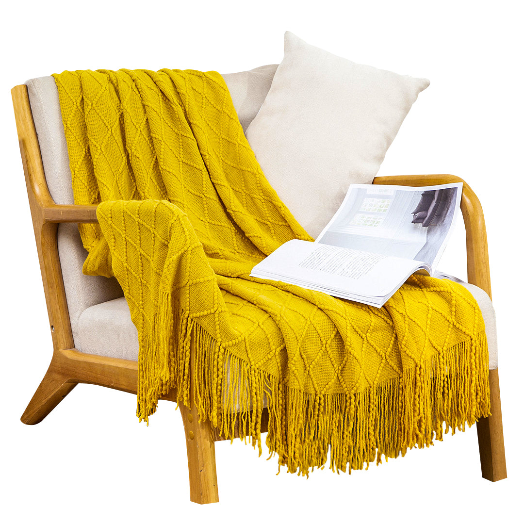 SOGA Yellow Diamond Pattern Knitted Throw Blanket Warm Cozy Woven Cover Couch Bed Sofa Home Decor with Tassels - Cafe Supply