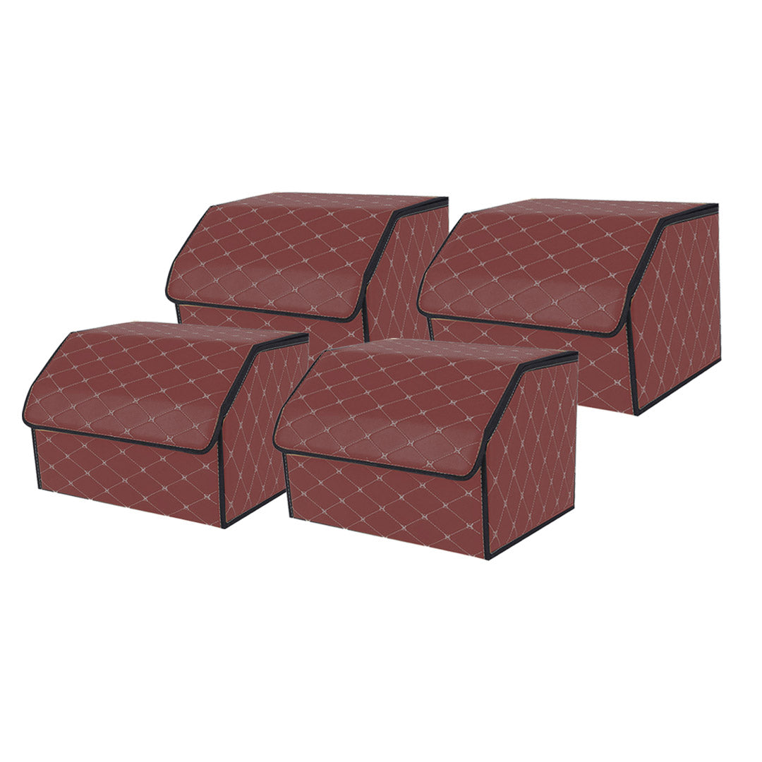 SOGA 4X Leather Car Boot Collapsible Foldable Trunk Cargo Organizer Portable Storage Box Coffee/Gold Stitch Medium - Cafe Supply