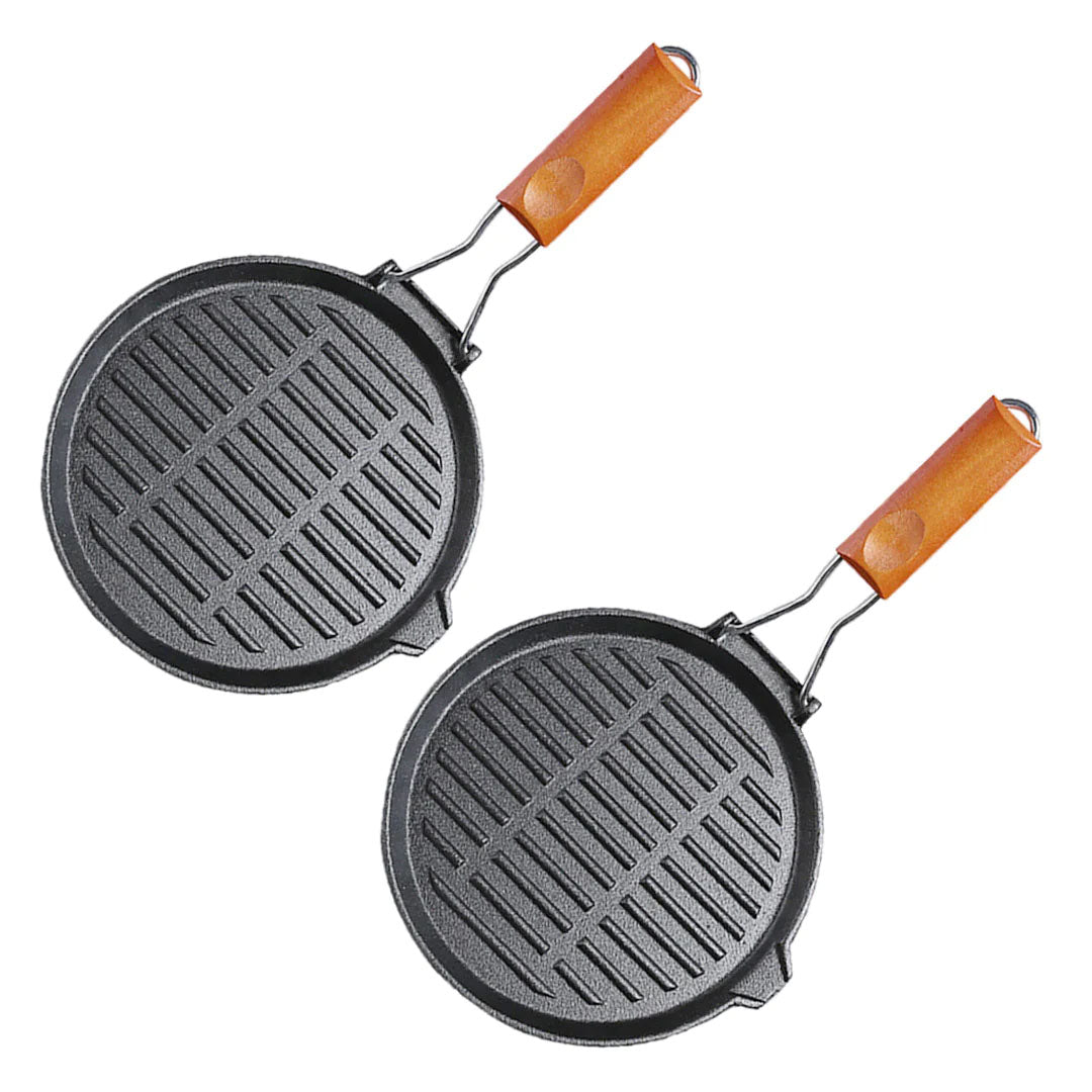 SOGA 2X 24cm Round Ribbed Cast Iron Steak Frying Grill Skillet Pan with Folding Wooden Handle - Cafe Supply