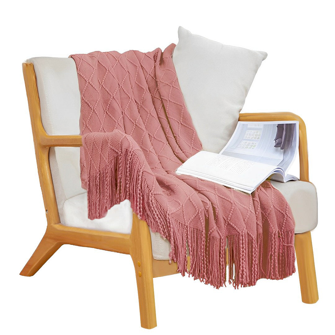 SOGA Pink Diamond Pattern Knitted Throw Blanket Warm Cozy Woven Cover Couch Bed Sofa Home Decor with Tassels - Cafe Supply