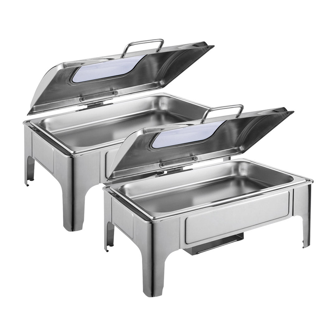 SOGA 2X 9L Rectangular Stainless Steel Soup Warmer Roll Top Chafer Chafing Dish Set with Glass Visual Window Lid - Cafe Supply
