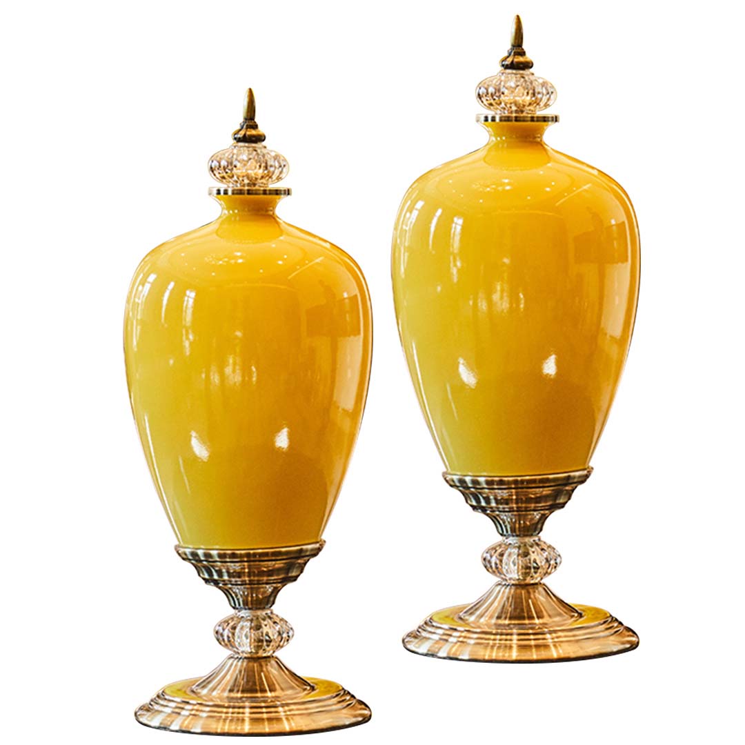 SOGA 2X 42cm Ceramic Oval Flower Vase with Gold Metal Base Yellow - Cafe Supply