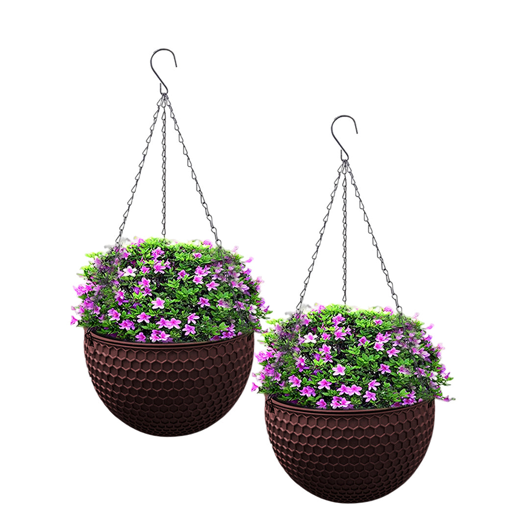 SOGA 2X Coffee Medium Hanging Resin Flower Pot Self Watering Basket Planter Outdoor Garden Decor - Cafe Supply
