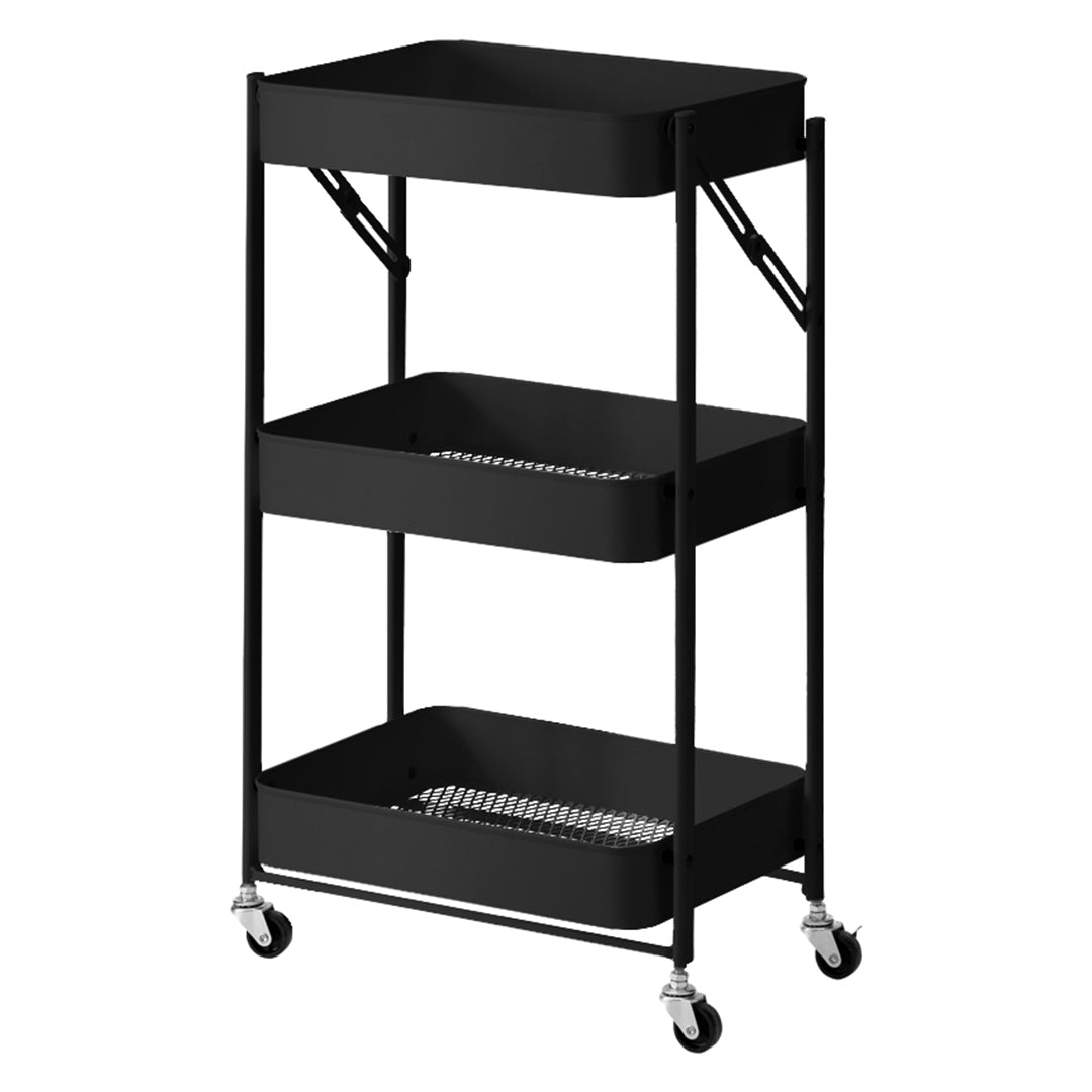 SOGA 3 Tier Steel Black Foldable Kitchen Cart Multi-Functional Shelves Portable Storage Organizer with Wheels - Cafe Supply
