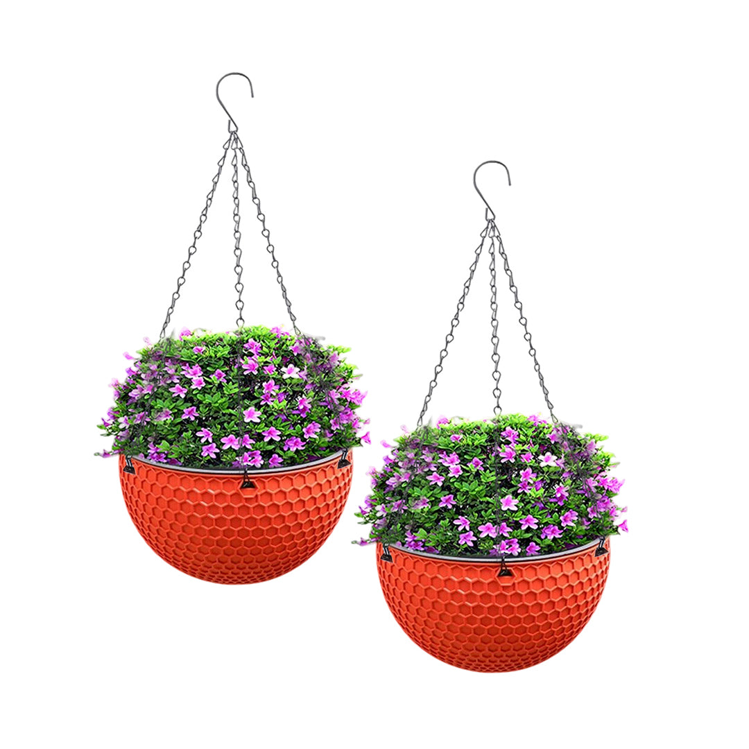 SOGA 2X Red Small Hanging Resin Flower Pot Self Watering Basket Planter Outdoor Garden Decor - Cafe Supply