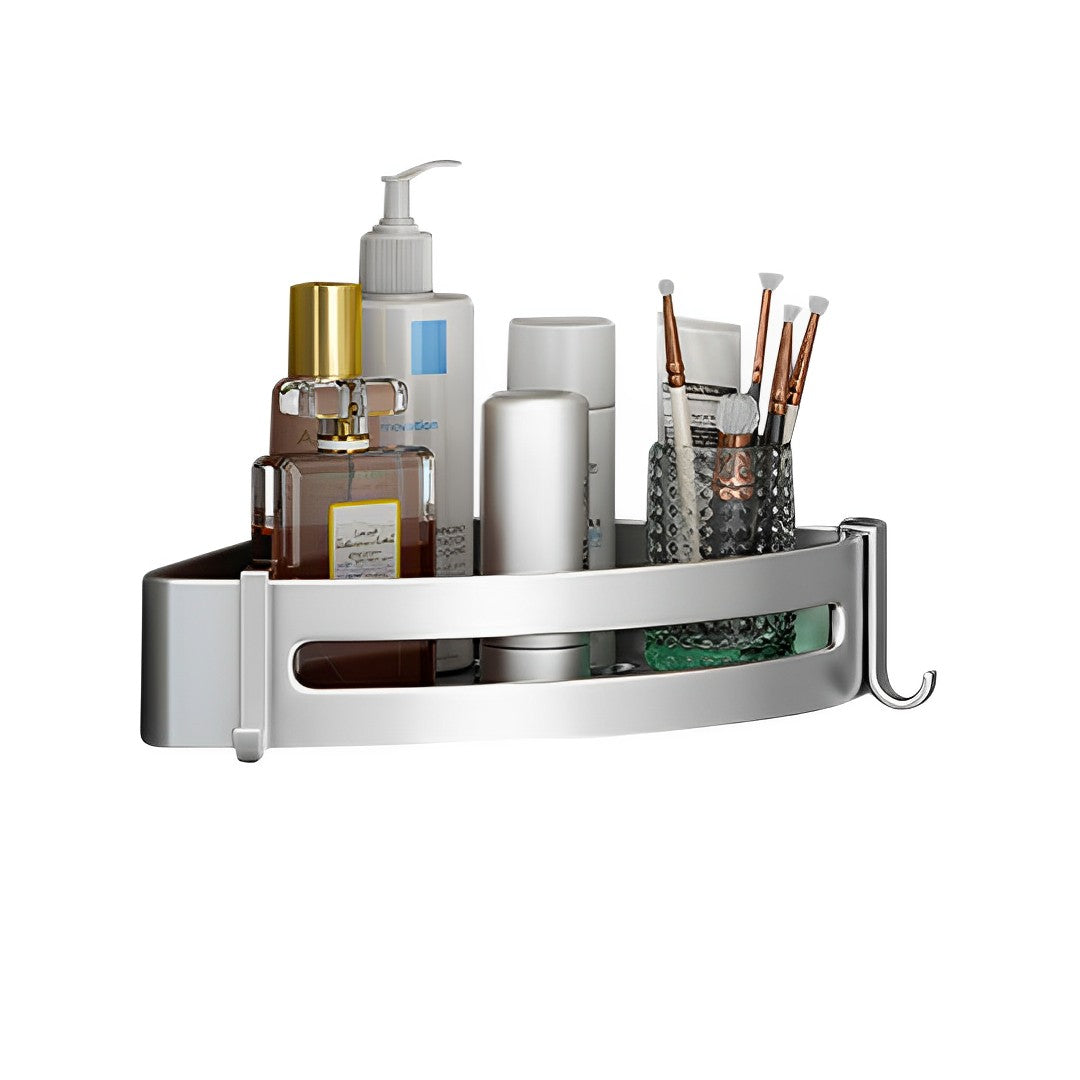 SOGA Silver Wall-Mounted Triangular Bathroom Storage Corner Vanity Organiser Space Saving Adhesive Shelf Rack with Hooks - Cafe Supply