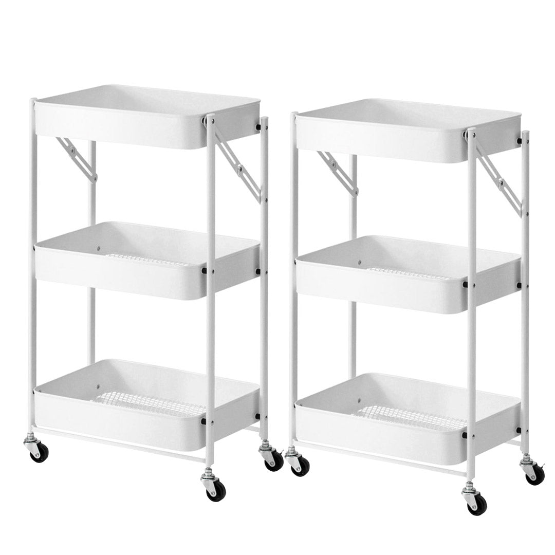 SOGA 2X 3 Tier Steel White Foldable Kitchen Cart Multi-Functional Shelves Portable Storage Organizer with Wheels - Cafe Supply