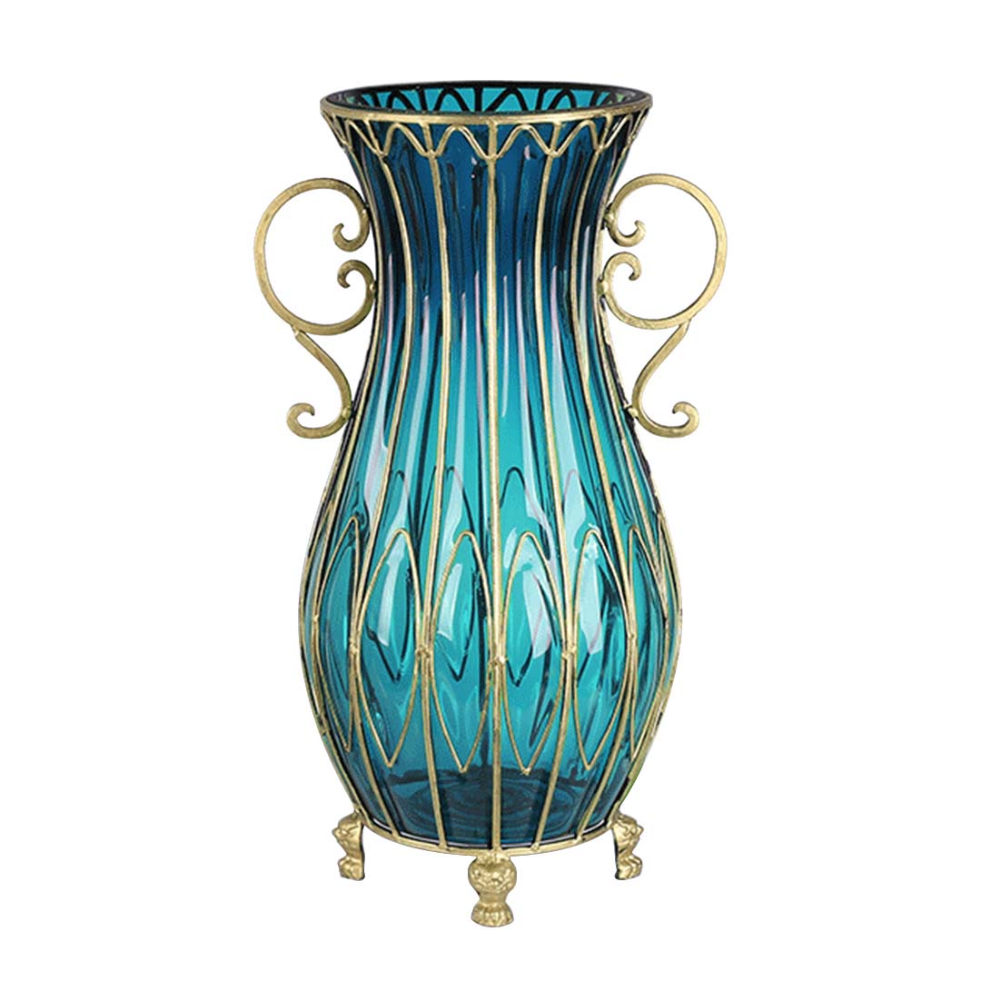 SOGA 51cm Blue Glass Oval Floor Vase with Metal Flower Stand - Cafe Supply