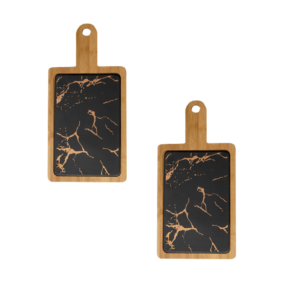 SOGA 2X 33.5cm Black Square Wooden Serving Tray Slate Steak Serving Platter Chopping Board Paddle Home Decor - Cafe Supply