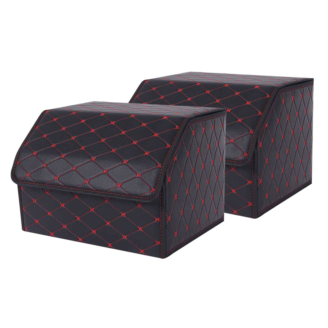 SOGA 2X Leather Car Boot Collapsible Foldable Trunk Cargo Organizer Portable Storage Box Black/Red Stitch Medium - Cafe Supply